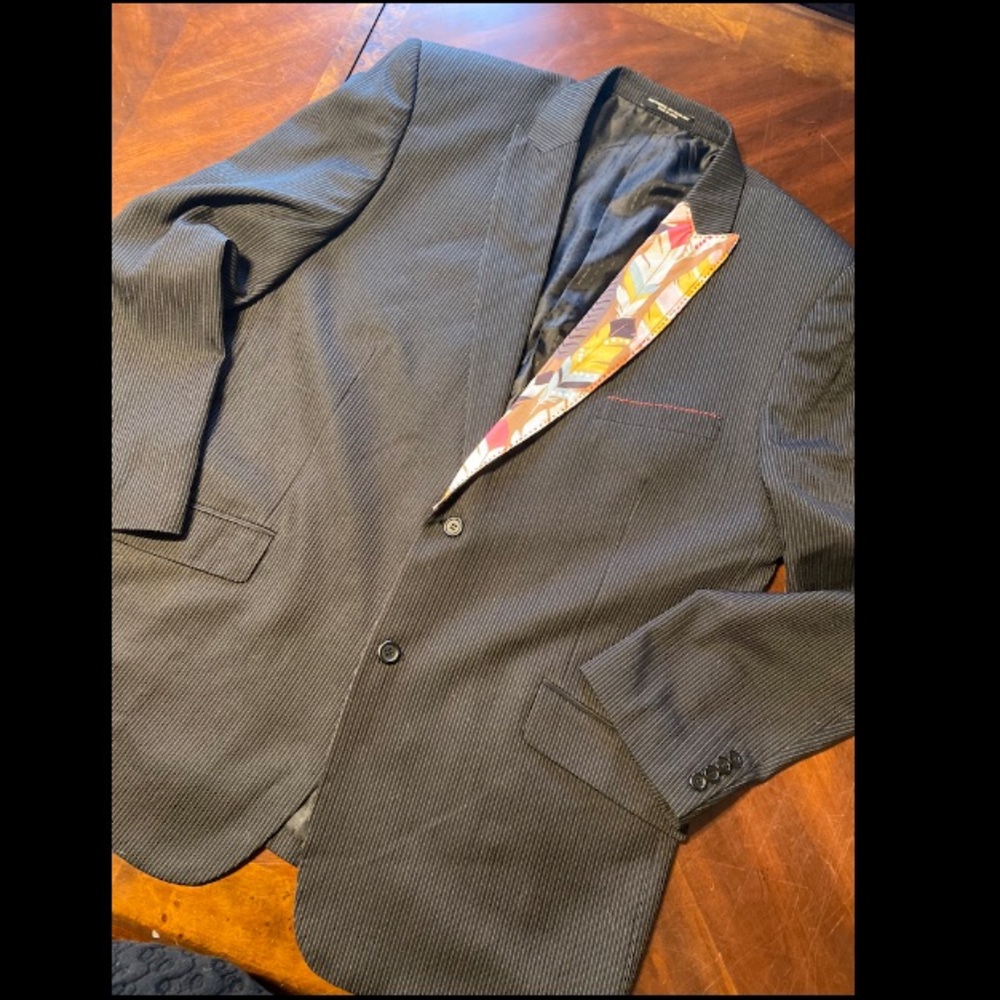 Men's Black Pinstripe Sport Blazer with Colorful Feather-Pattern Trim